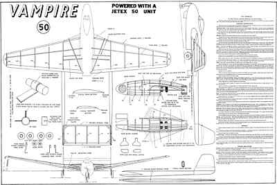 D.H. VAMPIR FREIFLUG JETEX MODELLPLAN UND TEILE MUSTER WILMOT MANSEUR
