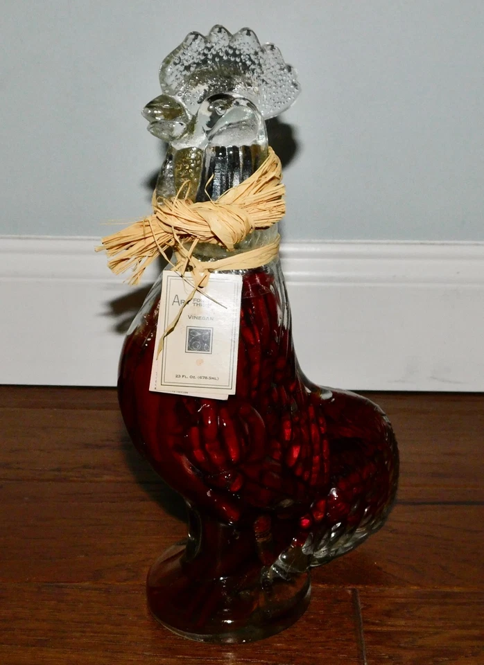¡VNTG! Arte para mesa gallo de vidrio infundido 3 chiles vinagre pimientos botella decoración Foto 3 de 4