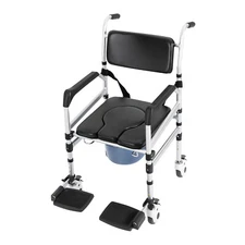 Folding Shower Chair with Wheels, Bedside Commode Wheelchair for Seniors