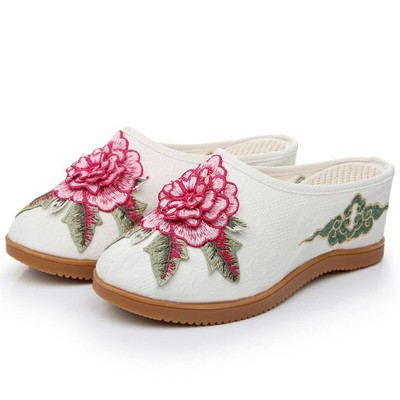 Round Toe Sloping Flower Cloth Shoes Casual Women Slipper Shoes Ethnic Style