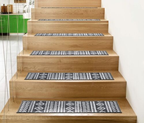 Set of 13 Rugshop Geometric Bohemian Non-Slip Stair Treads 8.6" x 26" Gray - Picture 7 of 7