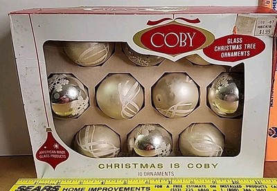 Coby Glass Ornament Balls 2'' Pearl White Box Zayre Tag USA Vintage