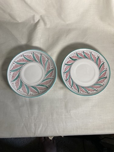 VTG Italian Deruta Hand Painted Pottery Teal Pink 6” Plates Tuscan - Pair Of 2 - Picture 12 of 12