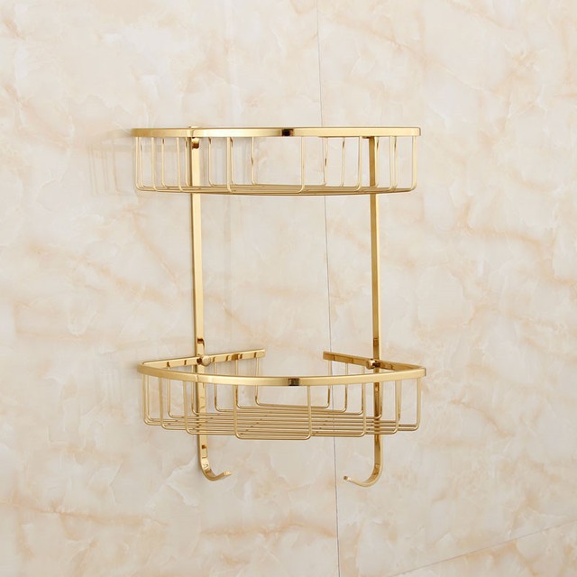 2 Layer Brass Bathroom Corner Shower Shelf Rack Storage Tidy Wall
