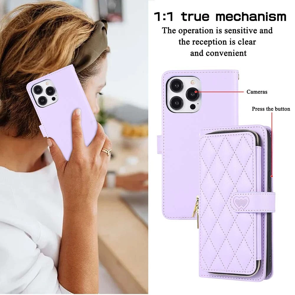 Durable Leather Zipper Flip Wallet Case for iPhone 15 Pro Max 14 13 12 11 XR