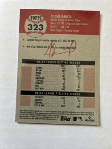 2022 Topps Chrome Platinum Anniversary #323 Adolis Garcia Texas Rangers - Picture 2 of 2