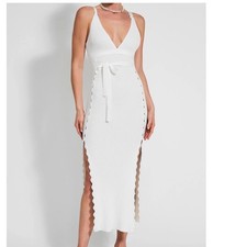 Devon Windsor Octavia White Plunge Knit Maxi Dress Scalloped Button Tie Front