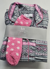 Karen Neuburger Women's L Gray Pink Fleece Pajama Set  Socks 3 Pc NWT