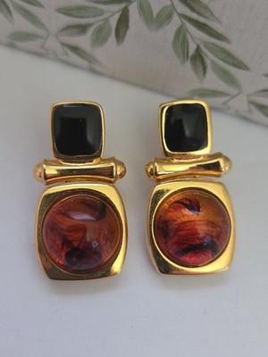 Vtg JOAN RIVERS 1990's Goldtone Black Cab Faux Amber Cab Earrings Post