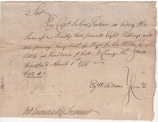 1777 Capt. John Perkins pay for Rhode Island Governor John Treadwell signed