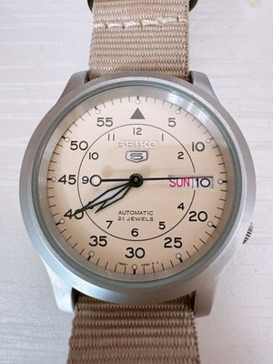 Seiko Automatic Watch Cream Dial Nylon Strap 21 Jewel Stainless Steel Case
