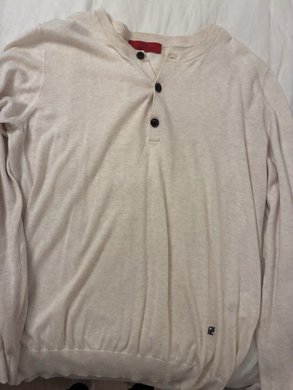 Carolina Herrera Men’s Cotton Knit Henley Sweater Beige Solid Long Sleeve M