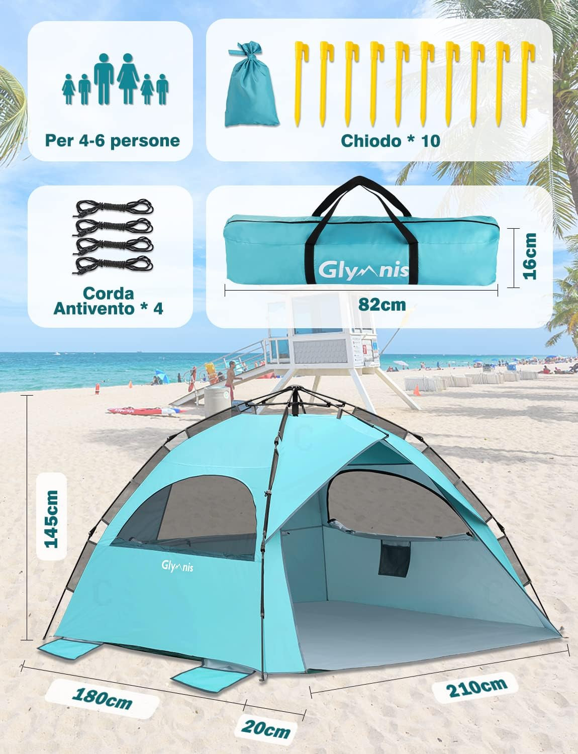 Tenda Da Spiaggia Portatile Anti-UV 50+ Per 2 Persone – Facile Da Montare, Leggera E Traspirante, Ideale Per Sole, Vento E Relax In Riva Al Mare