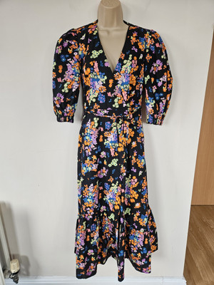 New Tags Aligne Halcyon Floral Wrap Midi Dress UK 6 Puff Sleeves S Anthropologie