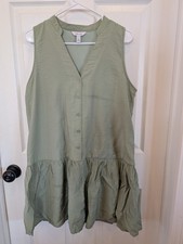 Nine West Green Button A-Line Dress Sleeveless V-Neck Knee Length L