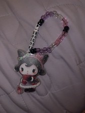 Kuromi Sanrio Beaded Cell Phone Wrist Strap w/ Acrylic Charm Pink Purple