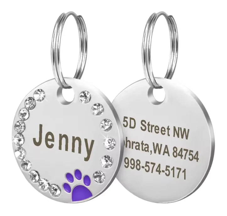Personalised Pet ID Engraved Dog Cat Name Tag Customised Bling Rhinestone White - Image 4 of 4
