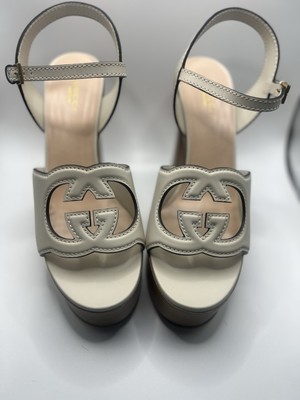 Gucci Interlocking G Cutout Platform Sandals Shoes Heels Leather 40.5 US 10.5