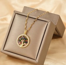 Tree of Life Necklace for Women, Colourful Crystal Round Pendant Charm Necklace