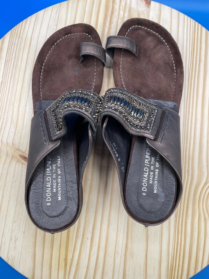 Sandalia Mula Donald Pliner Granate Para Mujer Talla 10 Cuero Marrón Tacón Cuña Cuentas Foto 4 de 4