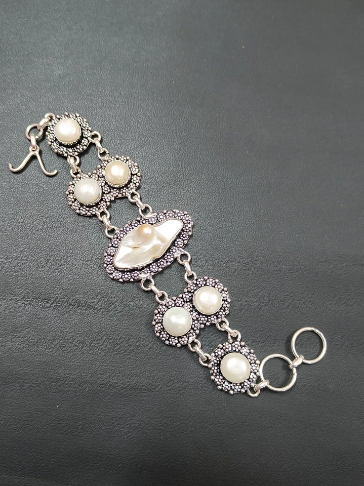 Hermosa Pulsera Madreperla Gema Plata de Ley Pulsera Regalo Ajustable Foto 3 de 4