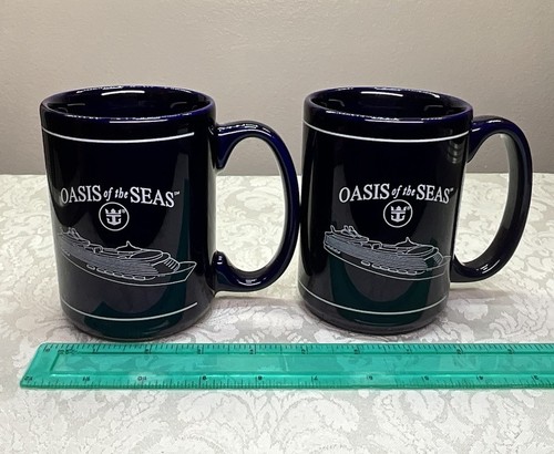 Royal Caribbean Oasis Of The Seas Ceramic Coffee Cup Blue/Gold Set Of 2 - Picture 8 of 8