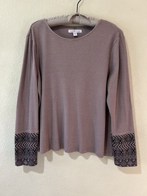 Coldwater Creek XL Brown Tan Waffle Knit Tee Top Nordic Trim Cuff Contrast b8