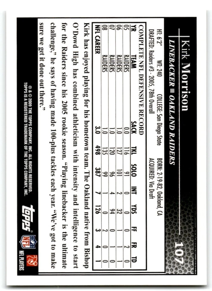 2009 Topps Kirk Morrison Oakland Raiders #107 - Image 2 of 2