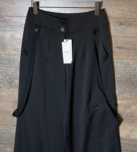 ME+EM Pantalone raso gamba larga con bretelle nero NUOVO + ETICHETTE - UK 10 - Foto 2 di 9