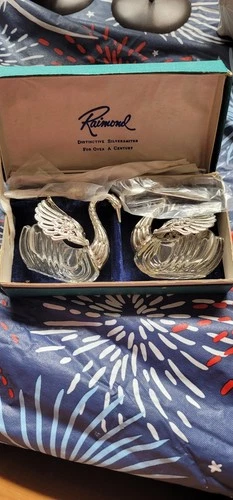 Vintage Birks E P Zing Japan Swan Salt Seller  With Spoons Crystal And Silver