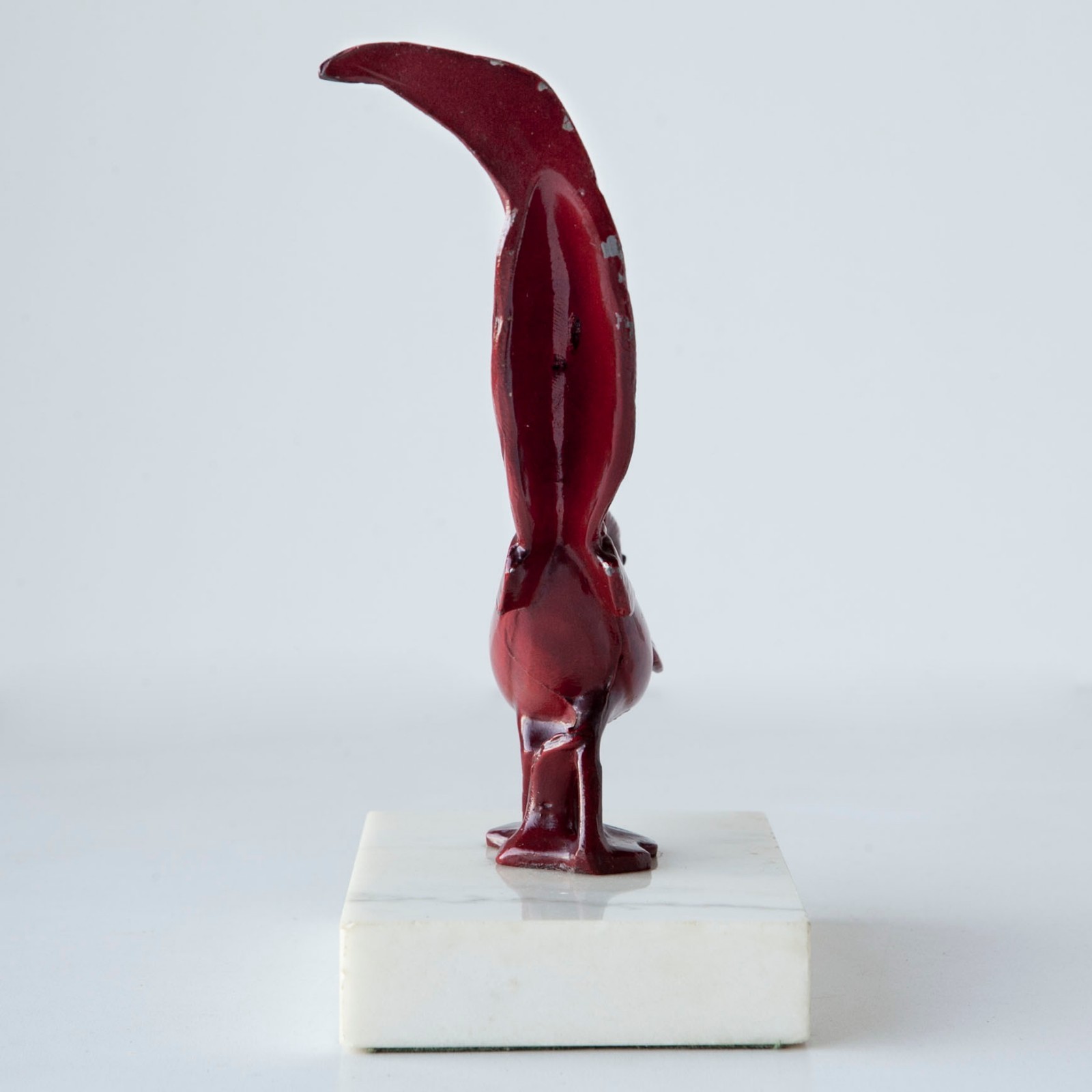 Vintage Art Deco Style Red Painted Metal Pheasant Sculpture on Marble Pedestal