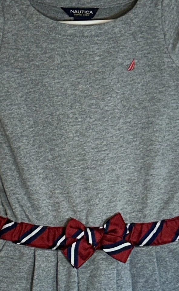 Vestido Nautica Niña Pequeña 3T Manga Corta Gris Terry Francés Rojo Cinta a Rayas Foto 3 de 4