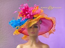 Del Mar Kentucky Derby Hat Royal Ascot Organza Hot Pink Orange Turquoise Blue