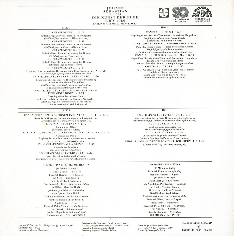 BACH Die Kunst der Fuge MUNCLINGER ARS REDIVIVA Supraphon 14112971 2LP Gatefold - Image 2 of 3