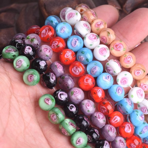 10 piezas Redondas Hechas a Mano Rosa Flor Lámpara Vidrio Cuentas Sueltas Para Joyería Hágalo Usted Mismo - Imagen 4 de 11