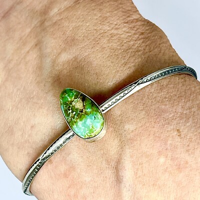 Sonoran Gold Turquoise Navajo Hand Stamped Cuff Bracelet 6.5in Tahe 7g Stacker