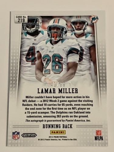 Lamar Miller 2012 Silver Prizm Parallelo Auto Rookie RC #41/99 Miami Dolphins - Foto 8 di 10