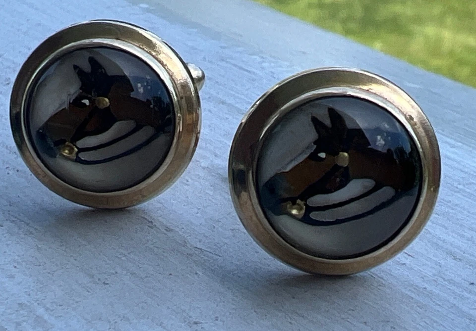 Gemelos de relleno dorado HAYWARD pintura inversa caballo vidrio 1/20 12K GF joyería Foto 2 de 4