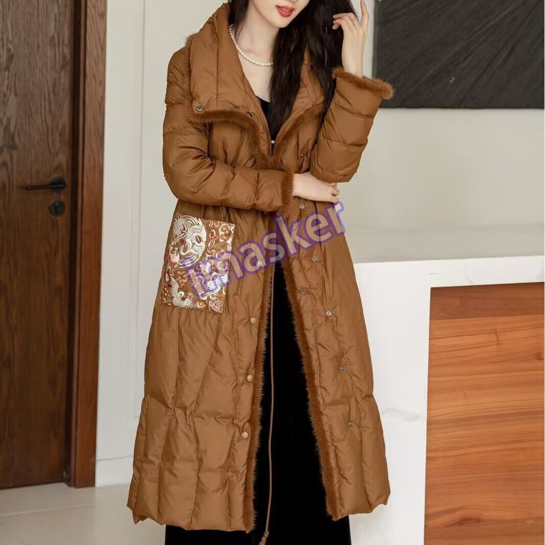 Retro Lapel Mid-length Coats Pocket Embroidery 90% White Duck Down Jacket Women