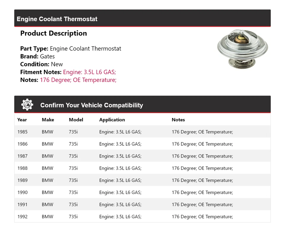 Para BMW 735i 1985-1992 3,5 L L6 motor gas refrigerante termostato puertas 1986 1987 Foto 2 de 4