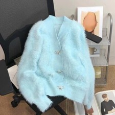 Lady Long Sleeve Cardigan Faux Fur Bowknot Button Knitted Top Sweater Furry Chic