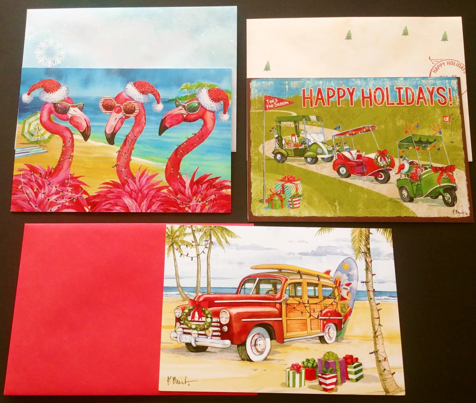 "Flamingo-Rolling", (3) Leanin Tree Christmas, New Yr Cards, New & (3) Envelopes