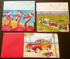 "Flamingo-Rolling", (3) Leanin Tree Christmas, New Yr Cards, New & (3) Envelopes