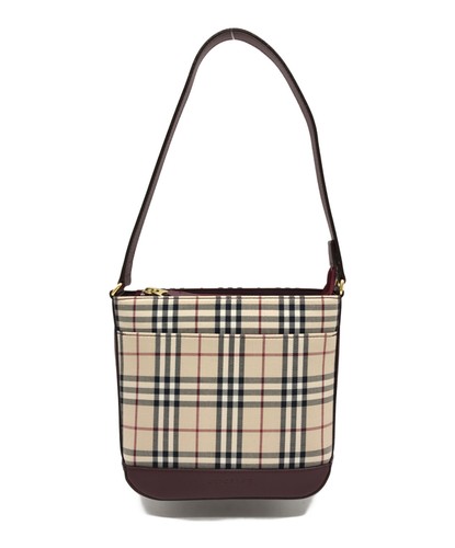 Burberry Nova Check One Shoulder Bag Beige Burgundy Leather Canvas