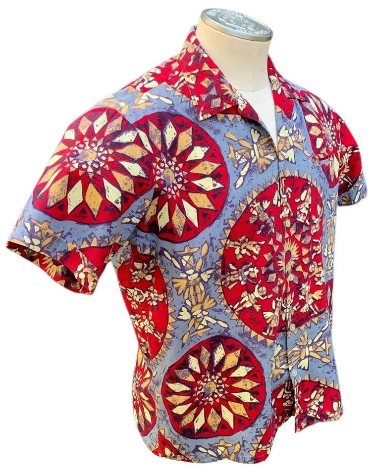 Vintage 50s/60s Men's SS Polynesian Tapa Inspired Print Aloha Shirt - Sz L - Image 3 of 4