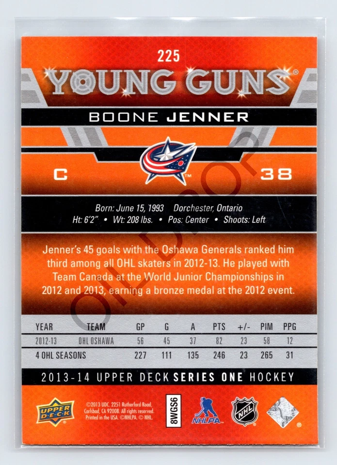 BOONE JENNER 13/14 Upper Deck UD Young Guns YG Rookie Card #225 Blue Jackets - Image 2 of 2