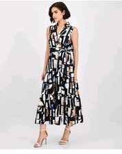 Tahari ASL $159 Abstract Print Sleeveless Tiered Maxi Dress Size 2 Belted 