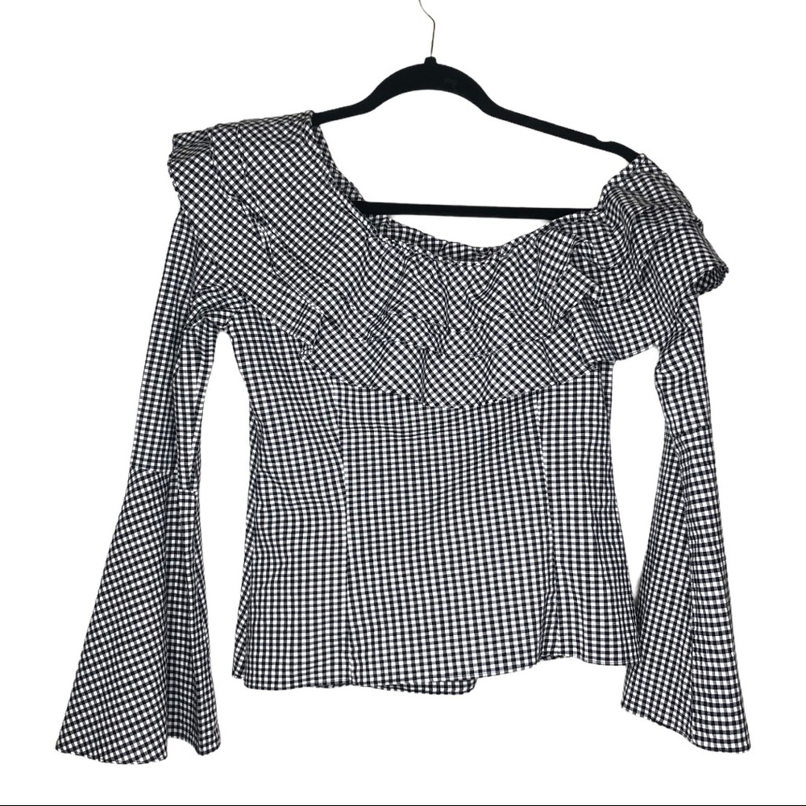 Scripted Black White Gingham Ruffle Off Shoulder … - image 2