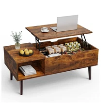 edx Adjustable Height Wooden Coffee Table with Hidden Compartments and Shelves -