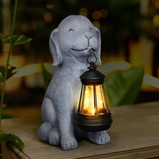 Solar Dog Garden Statue with Lantern, Outdoor Waterproof Dog Figurine Decor for